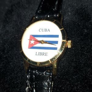 NEW Cuba Libre Cuban Flag Watch Wristwatch Leather Croc Band Gold Case‎